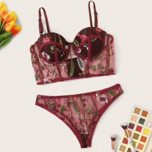 Sexy Backless Bra And Panty Set Lace Floral Embroidery Mesh Underwire Lingerie Set Push Up Underwear Briefs Women Lingerie Sets discountshub