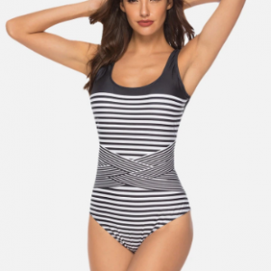 Plus Size Stripe Patchwork Criss Cross Slimming One Piece Swimwear For Women discountshub