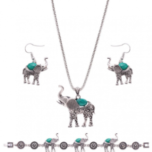 Retro Jewelry Set Cute Elephant Turquoise Necklace Earrings Bracelet Set discountshub