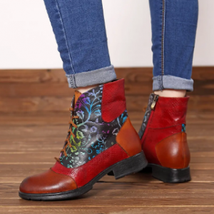 SOCOFY Plant Pattern First Layer Cowhide Splicing Veins Lace Up Zipper Stitching Flat Ankle Boots discountshub