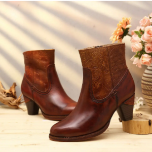 SOCOFY Retro Embossed Flower Genuine Leather Splicing Stylish All Match High Heel Ankle Boots discountshub