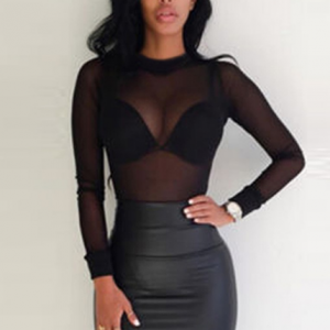 Sexy Women T Shirt See Through Transparent Mesh Tops Long Sleeve Sheer Slim Ladies Turtleneck T-Shirt discountshub