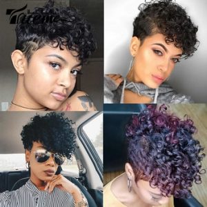 Trueme Fashion Piexie Cut Fumi Curly Human Hair Wigs Brazilian Curly Remy Hair Short Wig For Black Women Full Machine Wig discountshub