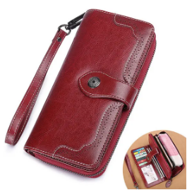Women Bifold Oil Wax Genuine Leather Long Wallet 10 Card Slot Phone Purse Vintage Coin Bag discountshub