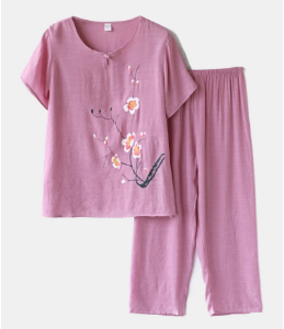Women Flowers Print Loungewear Set Breathable Mandarin Button Loose Pajamas discountshub