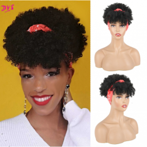 Afro Puff Turban Synthetic Wig Short Kinky Curly Headwrap Drawstring Wrap-wig 2 in 1 Updo Head-Wrap Wig for African American discountshub