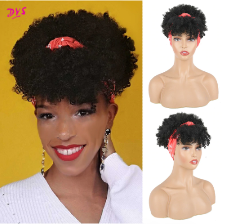 Afro Puff Turban Synthetic Wig Short Kinky Curly Headwrap Drawstring Wrap-wig 2 in 1 Updo Head-Wrap Wig for African American discountshub