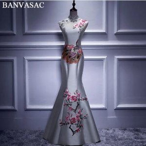 BANVASAC Flowers High Neck Lace Embroidery Mermaid Long Evening Dresses 2020 Vintage Satin Open Back Party Prom Gowns discountshub