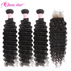Brazilian Deep Wave Bundles With Closure Non-Remy Human Hair 3 and 4 Bundles With Lace Closure Queen Mary Human Hair Extensions discountshub