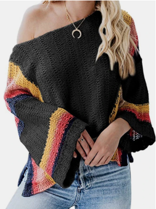 Contrast Color Patchwork Long Sleeve O-neck Sweater For Women discountshub
