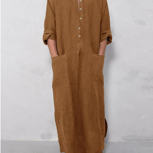 Ethniec Solid Color Henley Collar Robes Ankle-Length Loose Button Waist Pockets Loungewear discountshub