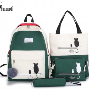 FUNMARDI 4Pcs/Set Panelled Women Backpack Canvas Cat Pattern School Bag For Girl Patchwork Backpack Female Shoulder Bag WLHB2065 discountshub