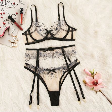 Floral Lace Sheer Garter Sexy Lingerie Set Women Intimates 2019 Underwire See Through Bra And Thongs Underwear Sets discountshub