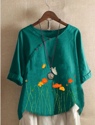 Flower Embroidery Button Half Sleeve Blouse For Women discountshub
