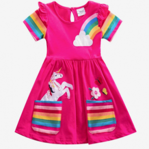 Girls Unicorn Rainbow Stripe Print Short-sleeved Casual Dress For 3-8Y discountshub