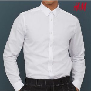 H & M Men Super Slim Plain Ls Shirt - White discountshub