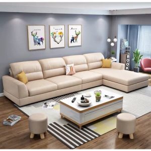 MAK Living Room Furniture - Books L-shaped Leather Settee - Cream discountshub