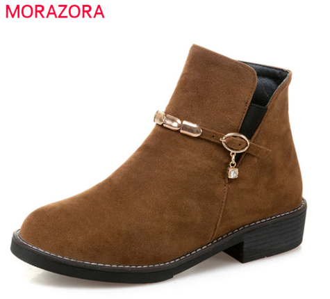 MORAZORA 2020 new arrival ankle boots for women zipper fashion buckle autumn winter shoes flock round toe punk boots discountshub