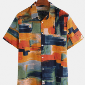 Men Cotton Linen Colorful Graffiti Printed Short Sleeve Shirt discountshub