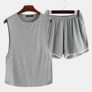 Men Plus Size Loose Pajamas Set Side Open Tank Tops Thin Breathable Boxer Shorts Plain Loungewear discountshub