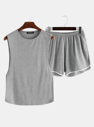 Men Plus Size Loose Pajamas Set Side Open Tank Tops Thin Breathable Boxer Shorts Plain Loungewear discountshub