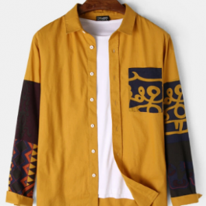 Mens 100% Cotton Ethnic Patchwork Printed Long Sleeve Shirt discountshub