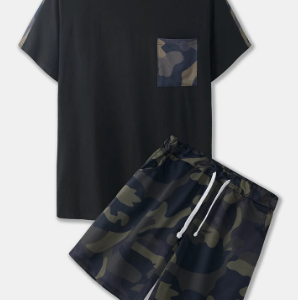 Mens Camo & Patchwork Print Breathable Casual Two Pieces Suits discountshub