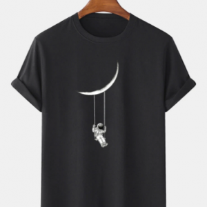 Mens Cartoon Astronaut Print Daily Light Loose O-Neck T-Shirts discountshub