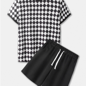 Mens Classical Plaid Print Casual Loose Summer Drawstring Waist Loungewear discountshub