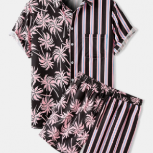 Mens Coconut Tree & Stripes Print Casual Light Drawstring Waist Loungewear discountshub
