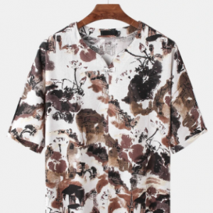 Mens Cotton Allover Abstract Print Loose Thin Short Sleeve T-Shirts discountshub