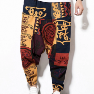 Mens Cotton Linen Ethic Hip Hop Wide Leg Loose Baggy Harem Pants discountshub