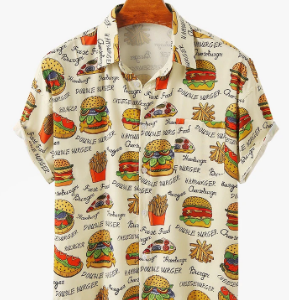 Mens Funny Cartoon Hamburger Printed Short Sleeve Lapel Collar Shirt discountshub