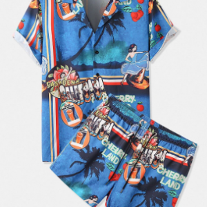 Mens Holiday Tropical Printed Revere Collar Short Sleeve Shirts Drawstring Shorts Set discountshub