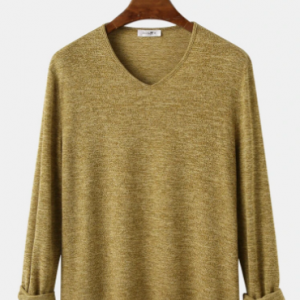 Mens Solid Color Knit V-Neck Relaxed Fit Long Sleeve T-Shirts discountshub