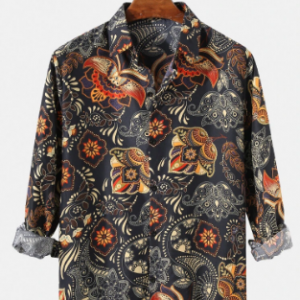 Mens Vintage Ethnic Floral Print Lapel Casual Fit Long Sleeve Shirts discountshub