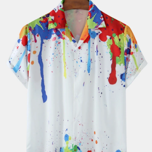 Mens Watercolor Printed Light Revere Collar Casual Short Sleeve Shirts discountshub