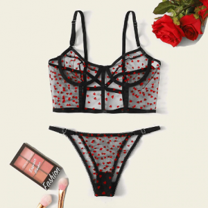New women's underwear lace bra Heart Print Mesh Lingerie Set Sexy Sheer Bralette Set Lace Panty Set Erotic pajamas discountshub
