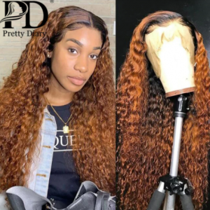 Ombre Ginger Color Water Wave Curly Wig Remy Lace Front Human Hair Wigs Highlight Deep Wave Brown 1B/30 Frontal Wig Black Women discountshub