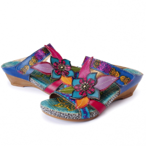 SOCOFY Bohemian Leather Adjustable Hook Loop Handmade Flowers Sandals discountshub