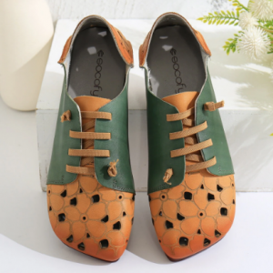 SOCOFY Comfy Leather Contrast Splicing Floral Cut out Elastic Strap Slip-on Flat Shoes discountshub