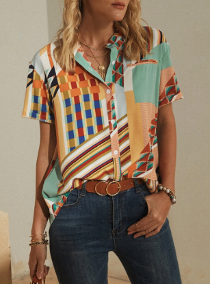 Striped Geometric Printed Stand Collar Short Sleeve Button Blouse discountshub