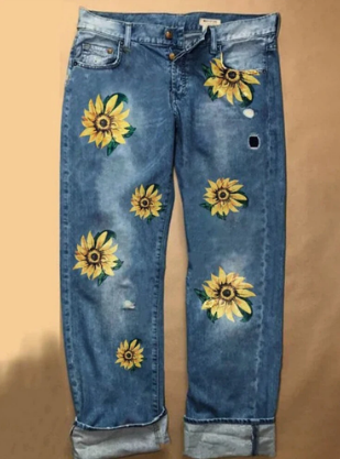 Sunflower Printed Button Loose Straight Wide Leg Denim discountshub