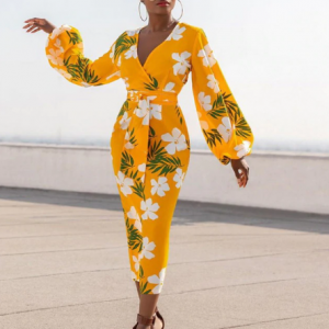 Yellow Printed Dress V Neck White Flower Long Lantern Sleeve Bodycon High Waist Women Vestidos African Ladies Plus Size XL Robes discountshub