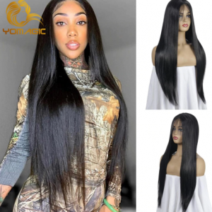 Yomagic Black Color Synthetic Hair Lace Front Wigs with Baby Hair Straight Hair Glueless Lace Wigs with Pre Plucked discountshub