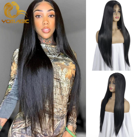 Yomagic Black Color Synthetic Hair Lace Front Wigs with Baby Hair Straight Hair Glueless Lace Wigs with Pre Plucked discountshub