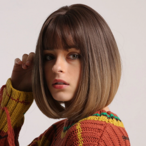 14 Inch Black Brown Gradient Milk Tea Color Wig Bob Head Natural Short Straight Hair discountshub