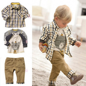 3Pcs Printed Boys Clothing Sets T-shirt + Plaid Shirt + Pants Children Clothes For 1Y-7Y discountshub