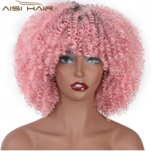 AISI HAIR 14inches Afro kinky Curly Wig Ombre Black Pink Wig With Bangs Heat Resistant Fiber Synthetic Short Wig for Black Women discountshub