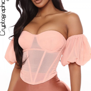 Cryptographic Lantern Sleeve Sheer Mesh Bustier Corset Top Women Shirts Blouse Off Shoulder Sexy Backless Crop Tops Blusas Mujer discountshub